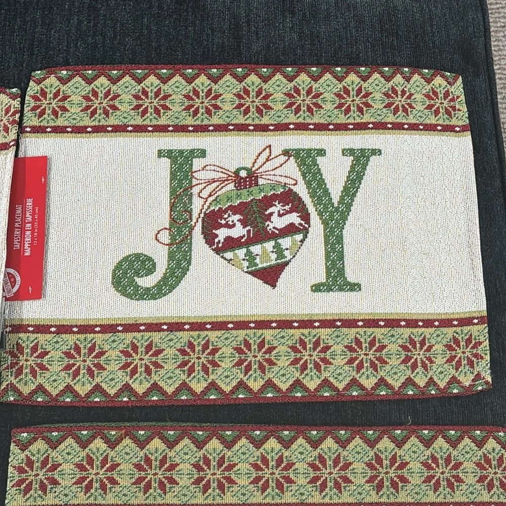 NWT- Set of 4- Cream- Red & Green JOY Ornament Holiday Tapestry Placemats 13x18
